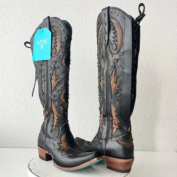 Lane Reverie Knee High Womens Cowboy Boots 6 Black Brown Western Cowgirl Lace Up - Picture 11 of 11